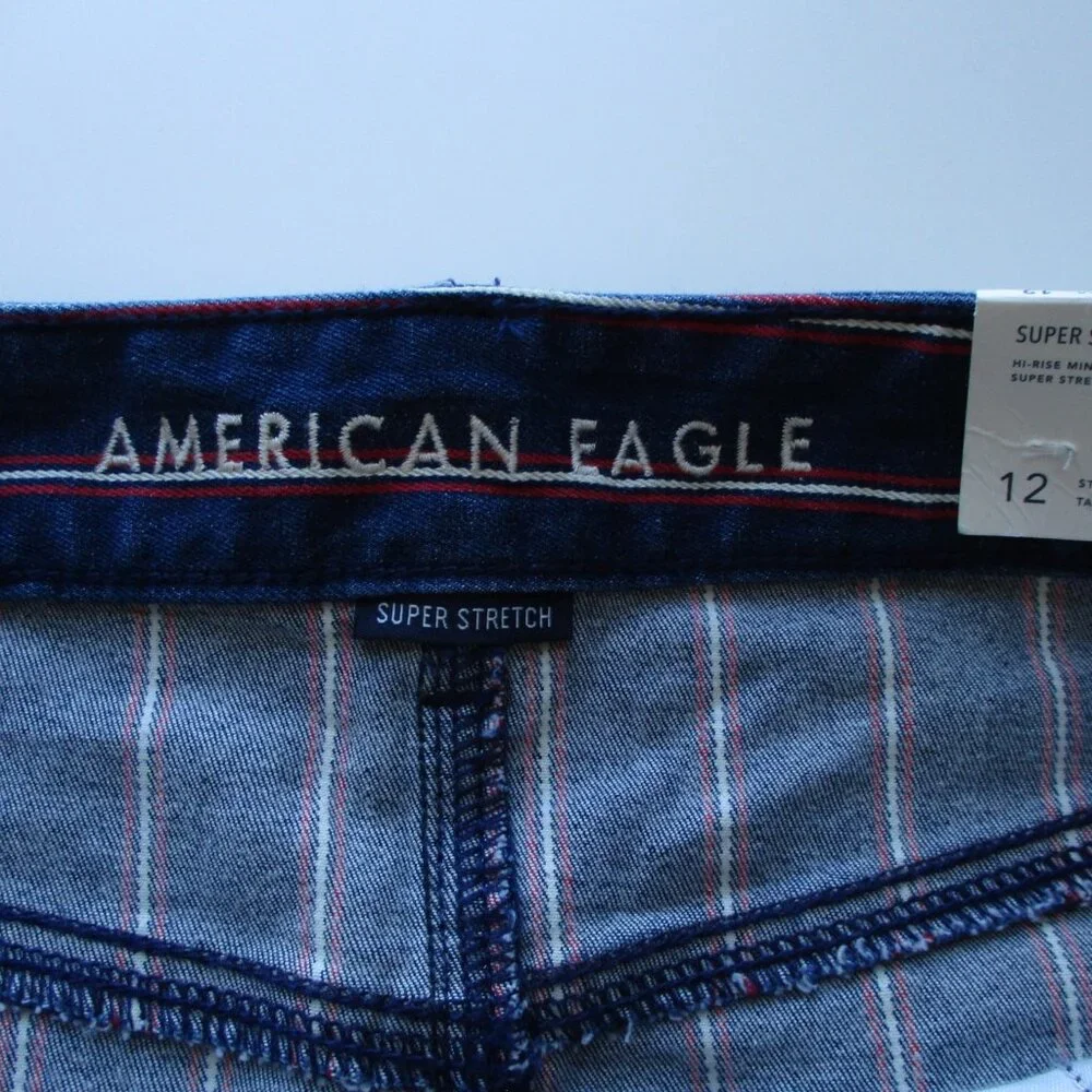 American Eagle Skirt Womens 12 Blue Red Striped Denim Jean Mini Stretch Raw Edge - Picture 5 of 13